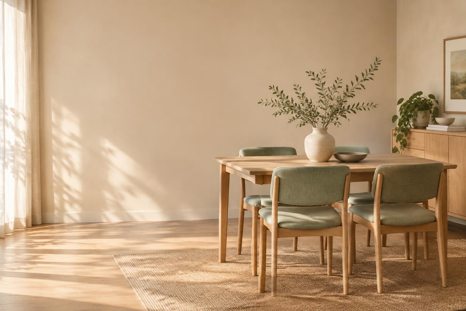 Comedor de madera natural con sillas verdes